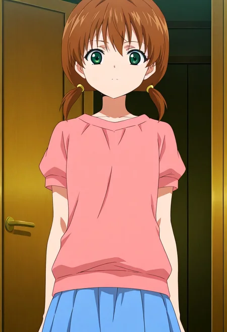 stand up, cowboy shot, front view, looking at viewer, score_9,score_8_up,score_7_up, anime screencap, anime coloring, ultra detailed anime, detailed anime, screencap, source anime, masterpiece, detailed anime, 1girl, solo, green eyes, brown hair, skirt, twintails, blue skirt, pink shirt, short sleeves, short twintails, closed mouth, short hair, arm up, low twintails