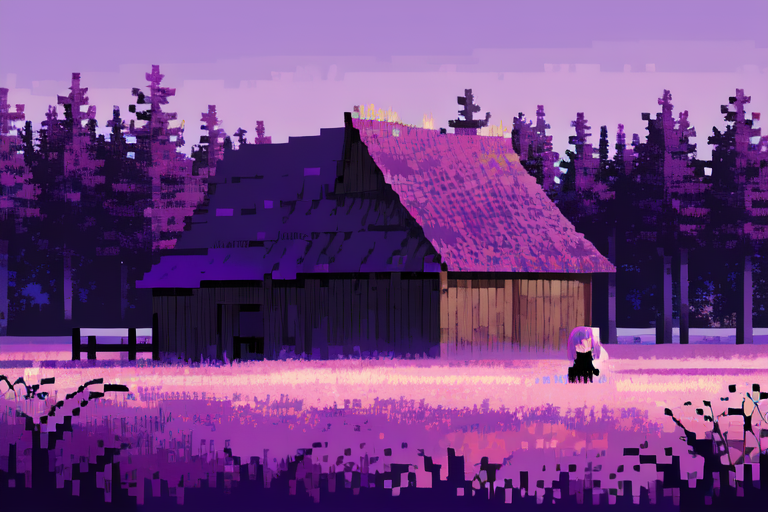 (otherworldly), highly insanely detailed, masterpiece, top quality, best quality, highres, 4k, 8k, RAW photo, (very aesthetic, beautiful and aesthetic), farm, fields, barn, fence, fantfa, <lora:FantasyFarm-10:0.5>, 
1girl, 
(lilac hair,violet hair ,streaked hair), 
(rich purple background,vibrant red background ),âââ