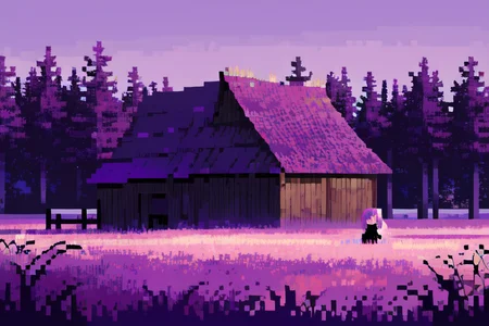 (otherworldly), highly insanely detailed, masterpiece, top quality, best quality, highres, 4k, 8k, RAW photo, (very aesthetic, beautiful and aesthetic), farm, fields, barn, fence, fantfa, <lora:FantasyFarm-10:0.5>,
1girl,
(lilac hair,violet hair ,streaked hair),
(rich purple background,vibrant red background ),âââ