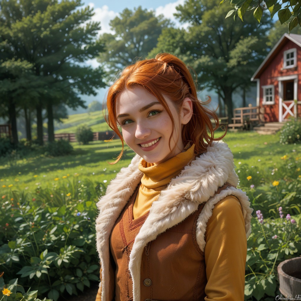 score_9, score_8_up, score_7_up,, high res ima , source_photo, source_real, (realistic:1.4),
1girl, cowboy shot, solo, smile, outdoors, farm, garden, <lora:Robin_-_IL:0.8> Robin_SDV, green eyes, orange hair, ponytail, yellow turtleneck, green pants, brown vest, fur trim, masterpiece, best quality, good quality, newest