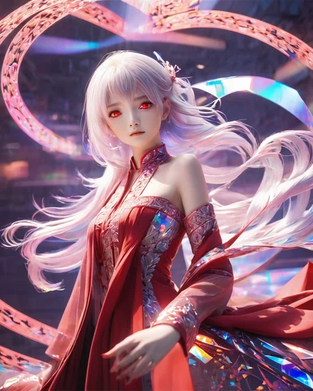 <lora:xl-holographic-å¨æ¯V20:0.9>,holographic,1girl,high quality exquisite wallpaper,wide_shot,red eyes,white hair,