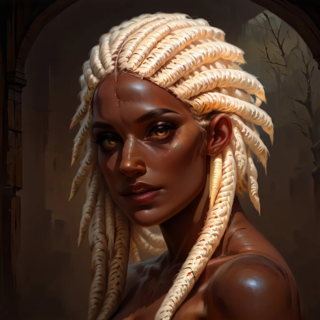 masterpiece, best quality, newest, absurdres, highres, DFOP-V3.0, oil painting, realistic, 1girl, dark skin, dark-skinned female, dredlocks, white dreadlocks, african, african female,