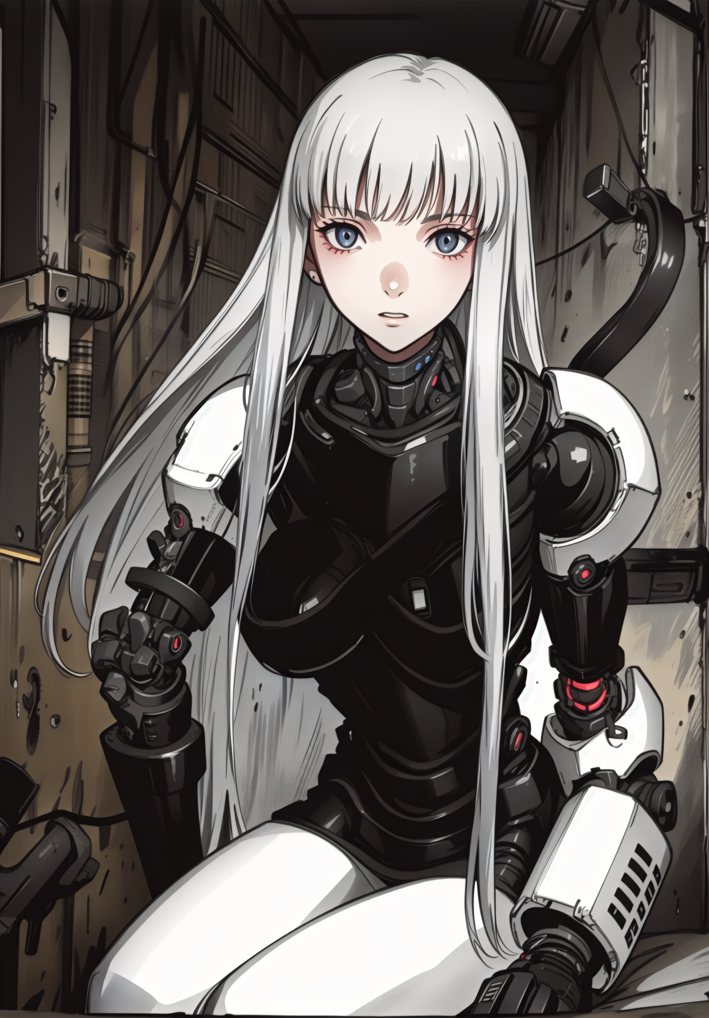 best quality,(beautiful detailed face:1.0), (detailed deep eyes),,<lora:ST anime:0.3>,, <lora:add detail:-0.2><lora:GoodHands-vanilla:1>
,1girl, style, 
, detailed_background,vast, gigantic, decrepit scenery, covered in large tubes and cables, dim light, giant-gross-organic,Expressionless
,weapon,cyborg girl, cords,large breasts, (safeguard),long hair, bangs, highleg,liquid,Corruption,doll, machine,oil,sitting, black_body,
,,<lora:ST inikmixV5:0.4><lora:ST_hipev3:0.3> <lora:blame5:0.6>  <lora:Haze:0.5> <lora:ST jrpgv2:0.3>