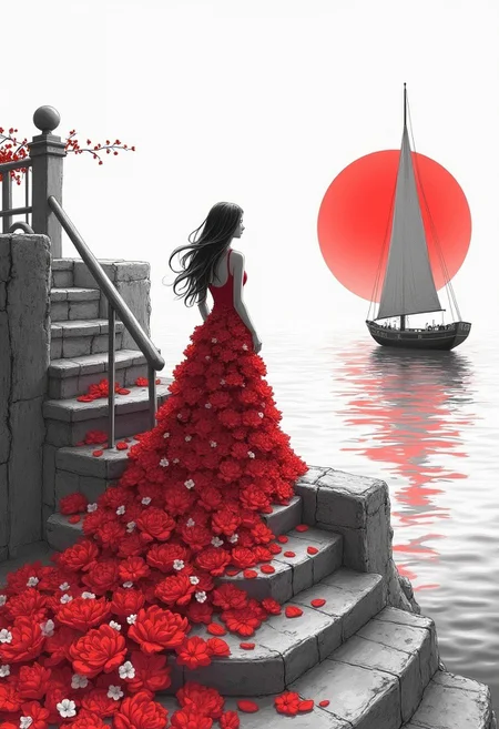 black-and-white pencil, black and white tone, beautiful girl, in a lush dress of red flowers, with a long train of flowers ascends the stairs, petals, sunset, sea, ship with scarlet sail, hyper-detailing, vivid colors