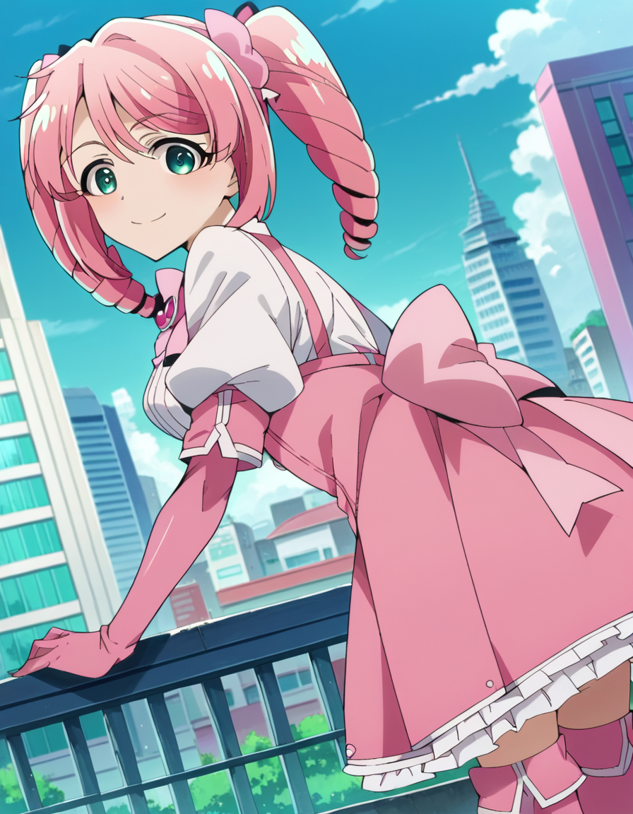 score_9, score_8_up, score_7_up, source_anime,
harukahanabishi, <lora:haruka-hanabishi-ponyxl-lora-nochekaiser:1>
haruka hanabishi, twintails, green eyes, pink hair,
thighhighs, gloves, dress, bow, magical girl, pink gloves,
outdoors, cityscape, bent over, smile,
looking at viewer, dutch angle, cowboy shot