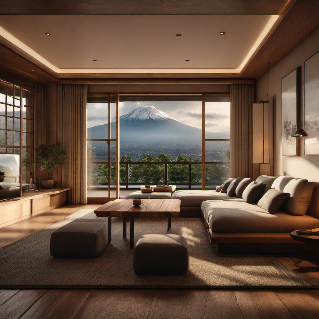 rishi,living room,HDR,UHD,8K,best quality,(realistic:2.0),masterpiece,Highly detailed, <lora:rishi-000012:0.7>,moody  lighting,cinematic,tatami,curtains,pillow_hug,safa,Fuji_Mountain out of window,