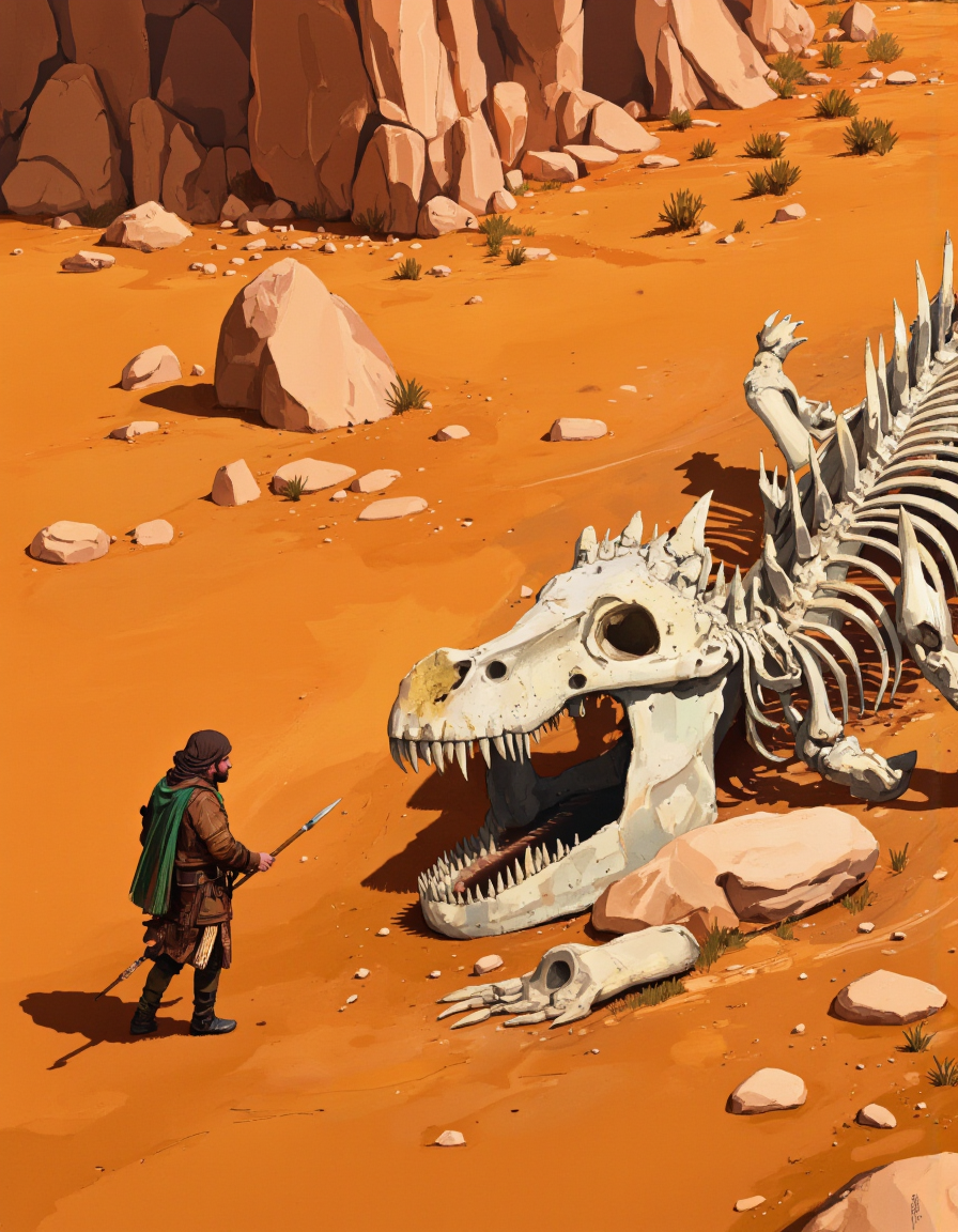 Art by Ismail Inceoglu. A digital illustration shoot from a bird's eye view about a lone warrior walking alongside a skeletal dragon in a desert landscape. the scene is set against a vibrant orange background with sparse vegetation and rocky terrain. on the middle of the image, a man, who appears to be in his late 20s, is walking away from the viewer, wearing a green and brown outfit and holding a spear. he has a determined expression on his face, and his body is positioned in a way that suggests he is on his way to the other side of the dragon. the dragon is lying on its side, with its long, sharp teeth visible, and its skeletal remains are clearly visible. the man is wearing a brown headscarf and a green cloak, and is holding a weapon in his right hand. the overall style of the illustration is realistic with a touch of fantasy, and the overall color palette is warm and earthy.