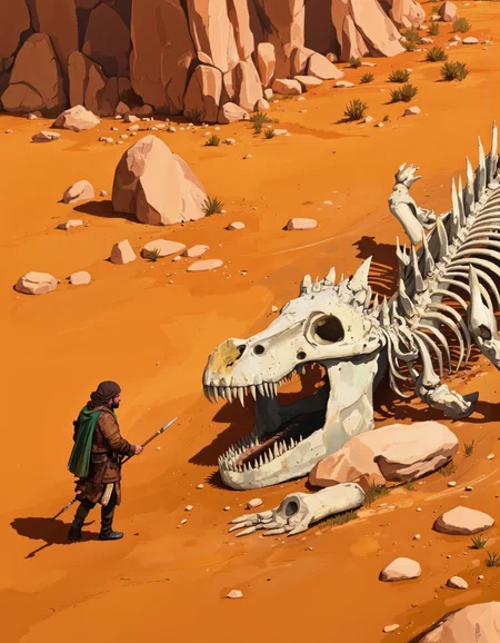 Art by Ismail Inceoglu. A digital illustration shoot from a bird's eye view about a lone warrior walking alongside a skeletal dragon in a desert landscape. the scene is set against a vibrant orange background with sparse vegetation and rocky terrain. on the middle of the image, a man, who appears to be in his late 20s, is walking away from the viewer, wearing a green and brown outfit and holding a spear. he has a determined expression on his face, and his body is positioned in a way that suggests he is on his way to the other side of the dragon. the dragon is lying on its side, with its long, sharp teeth visible, and its skeletal remains are clearly visible. the man is wearing a brown headscarf and a green cloak, and is holding a weapon in his right hand. the overall style of the illustration is realistic with a touch of fantasy, and the overall color palette is warm and earthy.