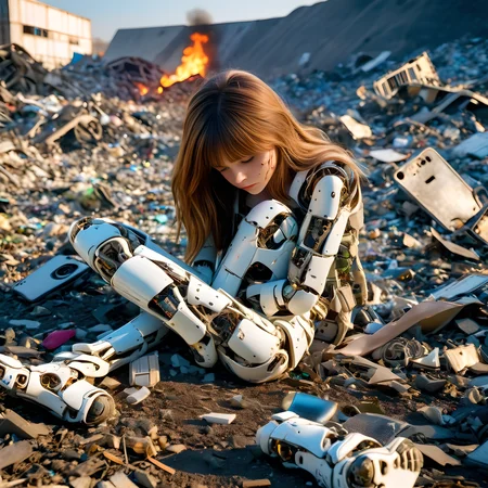 Realistic photo,Photo of a broken ruined android girl in a landfill, Broken and discarded android, ((body is broken with scares and holes))Hands and feet separated,half the face is android,laying on the ground, Dirty face and body,fire, <lora:brscprk_01-000010:0.5> <lora:dvr-cl-dvsn:0.5> <lora:Explosion Artstyle - Trigger is Explosion Artstyle:0.8>, (masterpiece,best quality:1),(8k,raw photo,photo realistic:1)