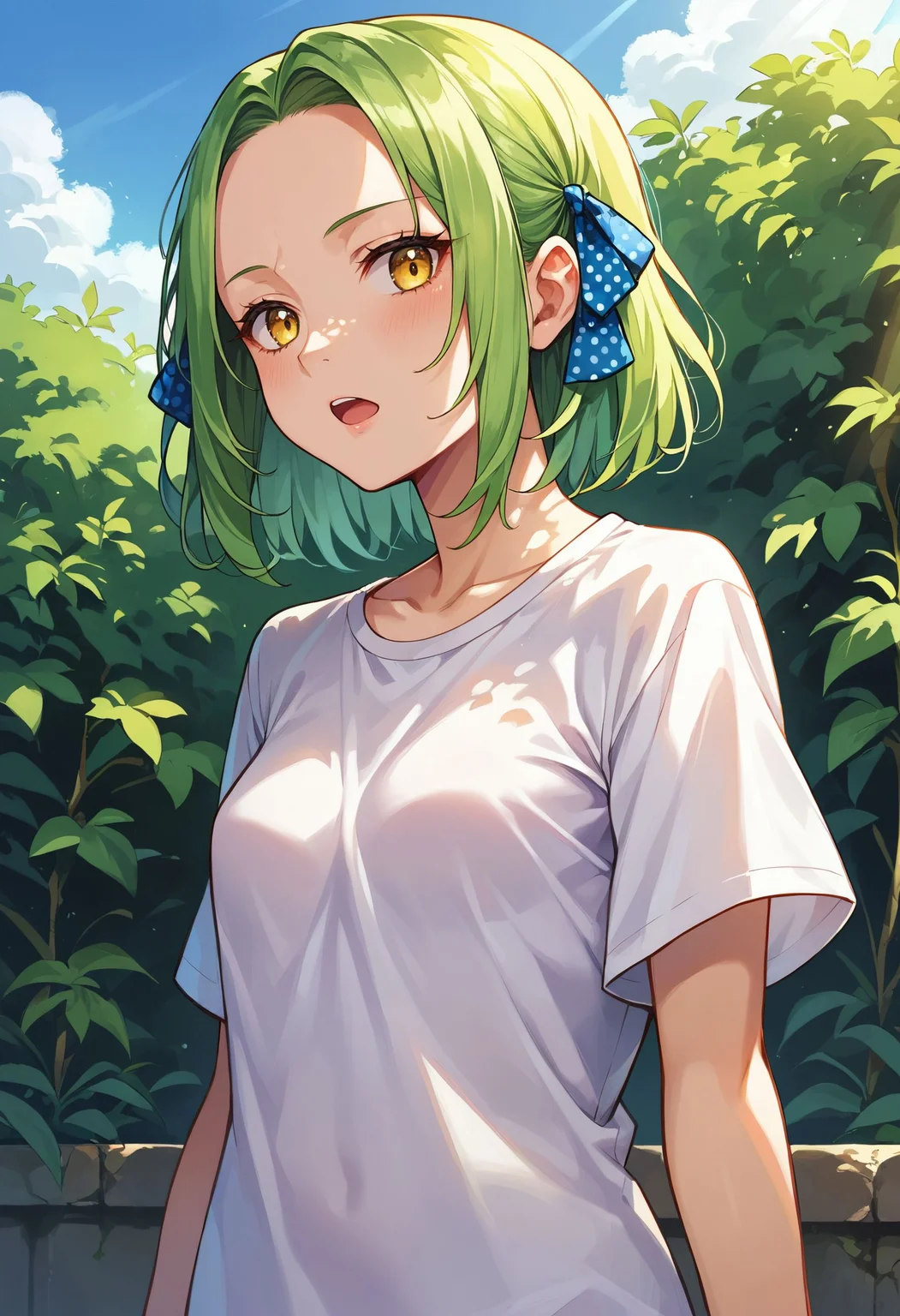 score_9,score_8_up,score_7_up,score_6_up, source_anime<lora:breasts_size_slider_pdxl_goofy:1> 1girl, breasts, dappled sunlight, forehead, green hair, hair ribbon, small breasts, medium hair, open mouth, outdoors, polka dot, polka dot ribbon, ribbon, shirt, solo, sunlight, t-shirt, white shirt, yellow eyes