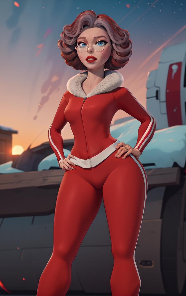 ((masterpiece, best quality)), insaneres, absurdres, solo, looking at viewer, 
RedDress_MrsClaus_ownwaifu, 
1girl, breasts, multicolored hair, short hair, makeup, red lips, blue eyes, lipstick, glasses, freckles, brown hair, curly hair, pink hair, wide hips, round eyewear, grey hair, lips, old woman, small breasts, 
track suit, red jacket, red pants, track pants, long sleeves, fur trim, zipper, red dress, striped pants,
(contrapposto, hand on hip), sunset, sidelighting, <lora:CARTOON_Ellio_MrsClaus_ownwaifu:1>,
 depth of field, light particles,