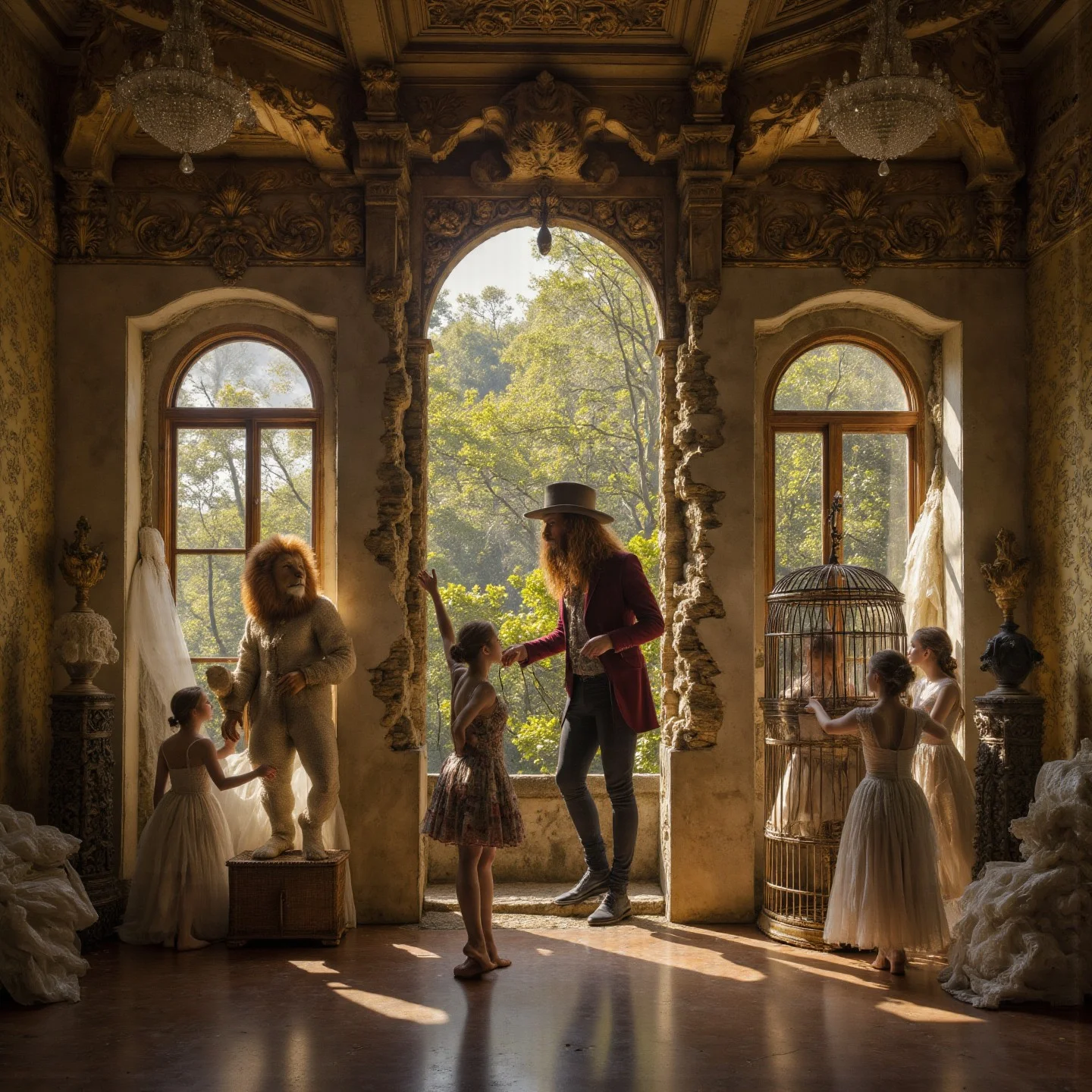 The image is a bizarre Surrealist photo of a shower cubicle with a missing wall in a Rennaisance castle. The far wall has been demolished to give a view of a strange sunny rainforest. In the background there is a Ringmaster and a lion facing one another, one holding a whip, the other in a cage. A group of Can-can dancers wearing delicate outfits is performing a show. The overall style of the photo is elegant fine art with absurd symbolic Surreal details. The viewer is left questioning the relationships between the objects in the image. <lora:Copax_Realistic_Dreamlight_fp8:1>