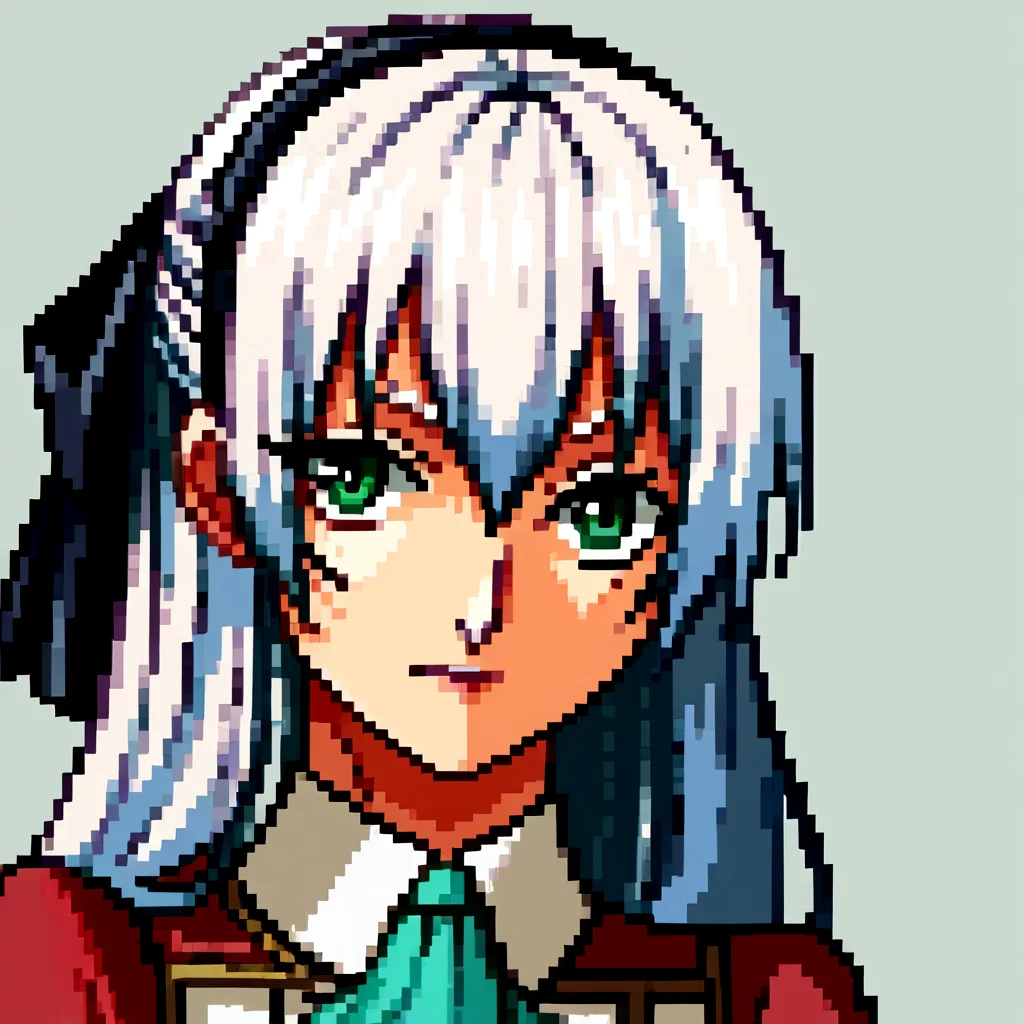 score_9, score_8_up, score_7_up, source_anime, BREAK, solo, 1girl, looking at viewer, <lora:P1-Portraits-pdxl_Fp:1>, portrait, simple background, pixel art, <lora:elie-pdxl-nvwls-v2:1>, zeroElie, black hairband, hair ribbon, long hair, ascot, uniform, long red sleeves, white dress, white hair, green eyes,