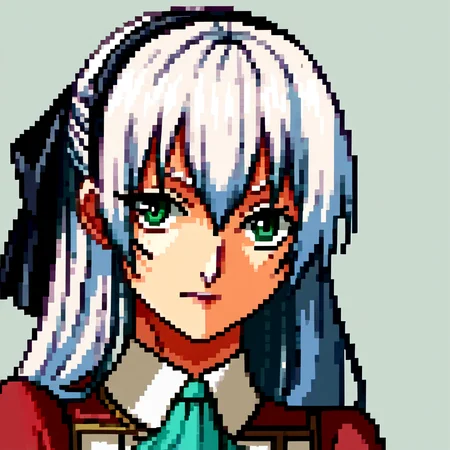 score_9, score_8_up, score_7_up, source_anime, BREAK, solo, 1girl, looking at viewer, <lora:P1-Portraits-pdxl_Fp:1>, portrait, simple background, pixel art, <lora:elie-pdxl-nvwls-v2:1>, zeroElie, black hairband, hair ribbon, long hair, ascot, uniform, long red sleeves, white dress, white hair, green eyes,