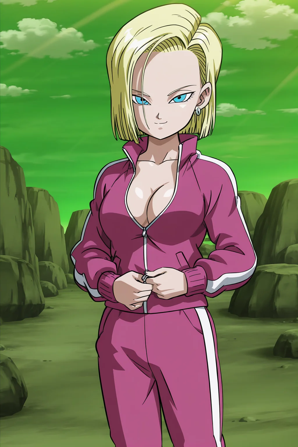anime screencap, absurdres, high quality, official style,
android 18, short hair, blue eyes, blonde hair,
dragon ball super, tracksuit outfit, pink jacket, pink bottomwear, track jacket, track suit, track pants, collar up, collarbone, long sleeves, multi tone footwear, two tone jacket, two tone pants,unzipping jacket, cleavage,
cowboy shot, green sky, rock, dappled sunlight, seductive smile, bedroom eyes, looking at viewer, partially undressed, hand on jacket,
<lora:Android_18_-_Dragon_Ball:0.8>