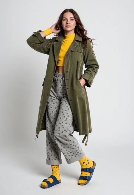 (realistic photograph of woman wearing socks sandals trousers coat), 1girl, solo, dynamic_pose, simple_background, white_background, scksnsndls, patterned blue and yellow socks, gray trousers, red and green coat, full_body, birksonsocks, birkenstock