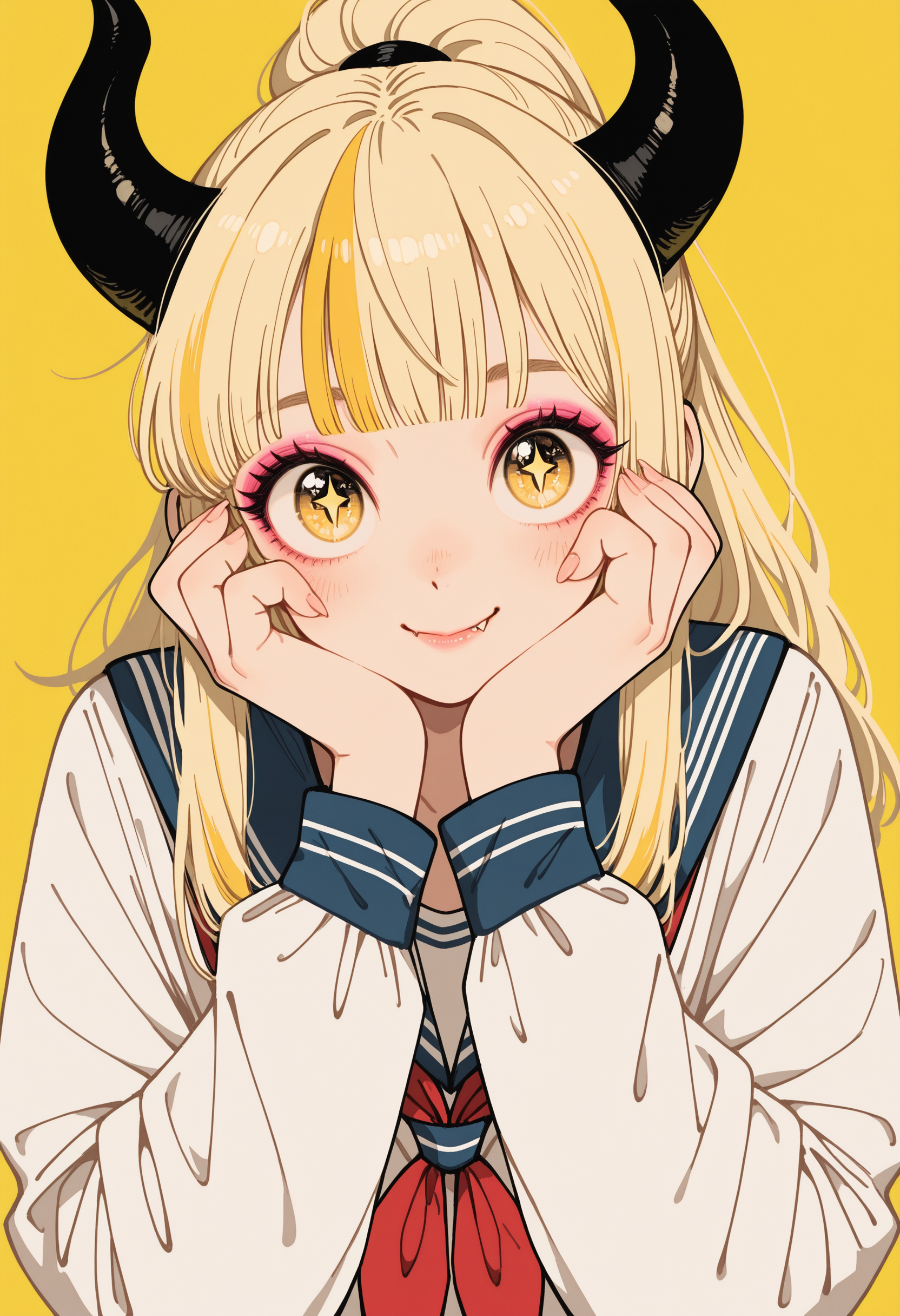 masterpiece, best quality, good quality, very awa, very aesthetic, absurdres, newest, 1girl, solo, long hair, looking at viewer, smile, simple background, shirt, blonde hair, long sleeves, closed mouth, school uniform, white shirt, upper body, yellow eyes, ponytail, multicolored hair, horns, serafuku, fang, blunt bangs, sailor collar, streaked hair, fingernails, hands up, neckerchief, symbol-shaped pupils, eyelashes, lips, makeup, demon horns, portrait, blue sailor collar, yellow background, red neckerchief, eyeshadow, head rest, star-shaped pupils, black horns, hands on own face, fang out, hands on own cheeks, long eyelashes, pink eyeshadow, vfaix,retro_artstyle, retro <lora:illustriousXL_stabilizer_v1.23:0.3> <lora:NOOB_vp1_detailer_by_volnovik_v1:0.3> <lora:ponyv6_noobE11_2_adamW-000017:0.3> <lora:retro_scifi_artstyle_illustriousXL-000021:0.5> <lora:veluflora-wai:0.75>