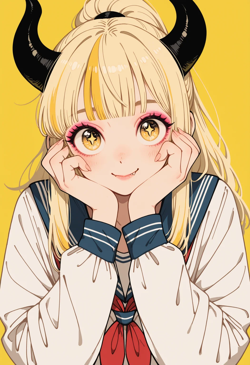 masterpiece, best quality, good quality, very awa, very aesthetic, absurdres, newest, 1girl, solo, long hair, looking at viewer, smile, simple background, shirt, blonde hair, long sleeves, closed mouth, school uniform, white shirt, upper body, yellow eyes, ponytail, multicolored hair, horns, serafuku, fang, blunt bangs, sailor collar, streaked hair, fingernails, hands up, neckerchief, symbol-shaped pupils, eyelashes, lips, makeup, demon horns, portrait, blue sailor collar, yellow background, red neckerchief, eyeshadow, head rest, star-shaped pupils, black horns, hands on own face, fang out, hands on own cheeks, long eyelashes, pink eyeshadow, vfaix,retro_artstyle, retro <lora:illustriousXL_stabilizer_v1.23:0.3> <lora:NOOB_vp1_detailer_by_volnovik_v1:0.3> <lora:ponyv6_noobE11_2_adamW-000017:0.3> <lora:retro_scifi_artstyle_illustriousXL-000021:0.5> <lora:veluflora-wai:0.75>