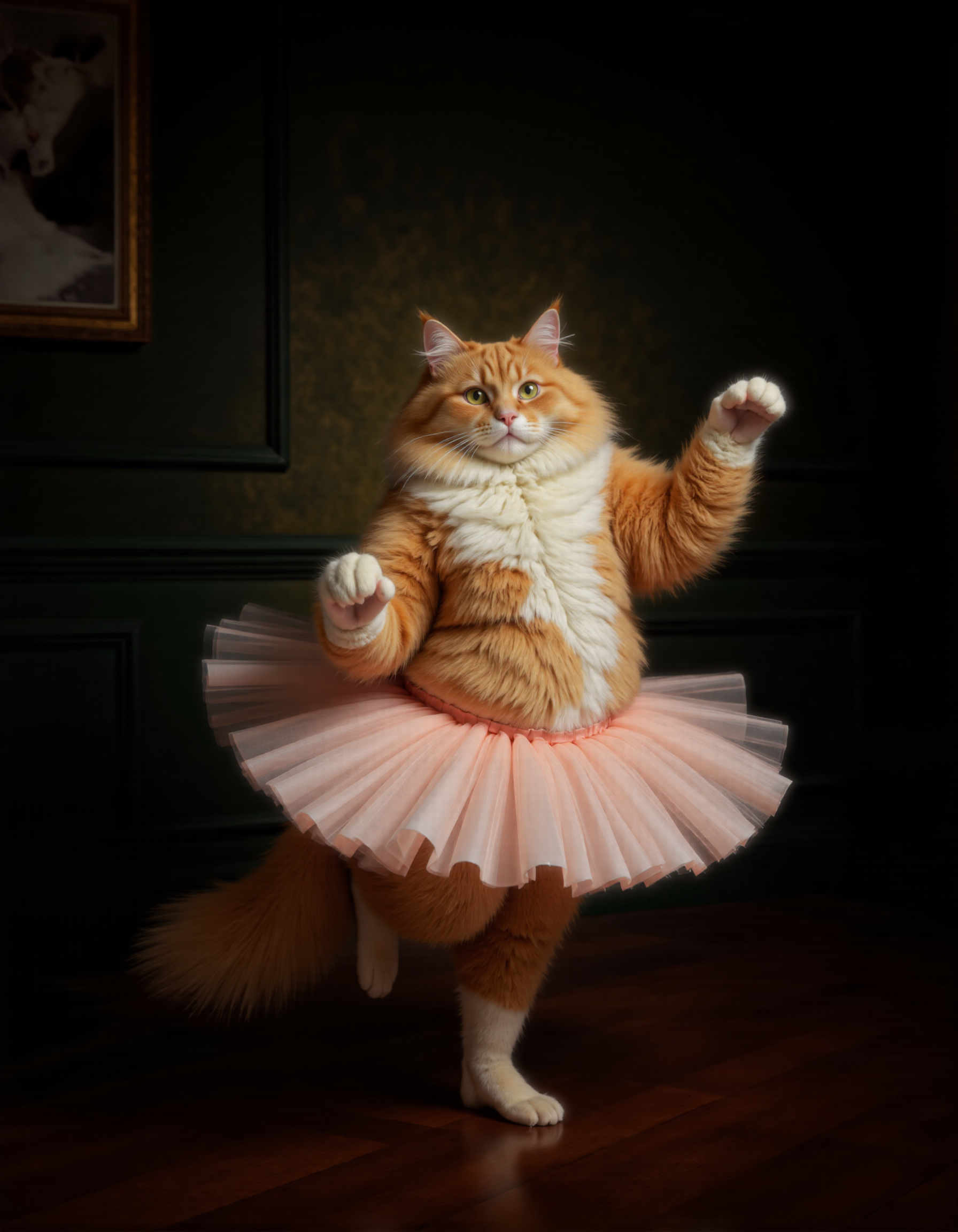 full body shot of Rembrandt style <lora:antr:1>,This is a high-resolution, CGI-rendered photograph of a fluffy, orange and white Persian cat dressed in a ballet tutu. The cat is depicted mid-ballet pose, with one paw raised elegantly in the air, and the other firmly planted on the floor. The tutu is a soft, pastel pink, adding a whimsical and playful element to the image. The cat's fur is meticulously detailed, showcasing its fluffy texture and the intricate patterns of its fur, including the distinctive markings on its face., The background features a dark green wall with elegant wainscoting, adding a classic and sophisticated atmosphere to the scene. On the wall to the left, there is a framed photograph of another cat, which adds to the whimsical and humorous theme of the image. The floor is made of polished, dark wooden planks, which contrast with the light colors of the cat and tutu. The overall composition and lighting create a warm and inviting environment, emphasizing the playful and humorous nature of the scene. The image captures the essence of a cat's natural grace and charm, combined with a whimsical, human-like pose and attire, making it a humorous and endearing portrayal. . Baroque, chiaroscuro, realistic, emotional, "flat lighting. Whole outfit, clear, sharp, balanced