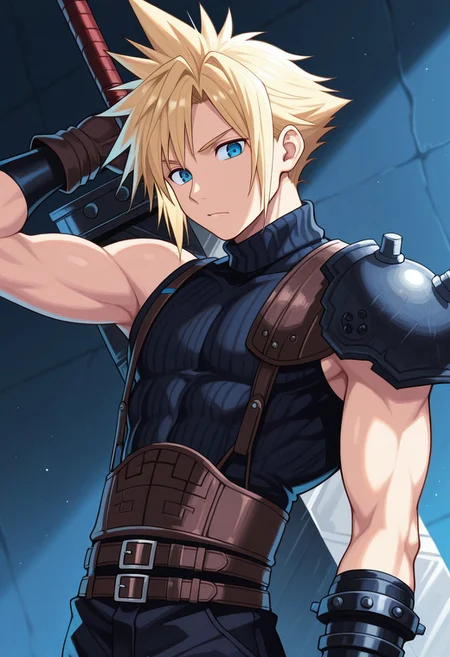 masterpiece,best quality,amazing quality, source_anime,
SoutouKumo, 1boy, male focus, solo, blue eyes, blonde hair, spiked hair, shoulder armor, single bare shoulder, sleeveless turtleneck, gloves, multiple belts, toned male, buster sword,