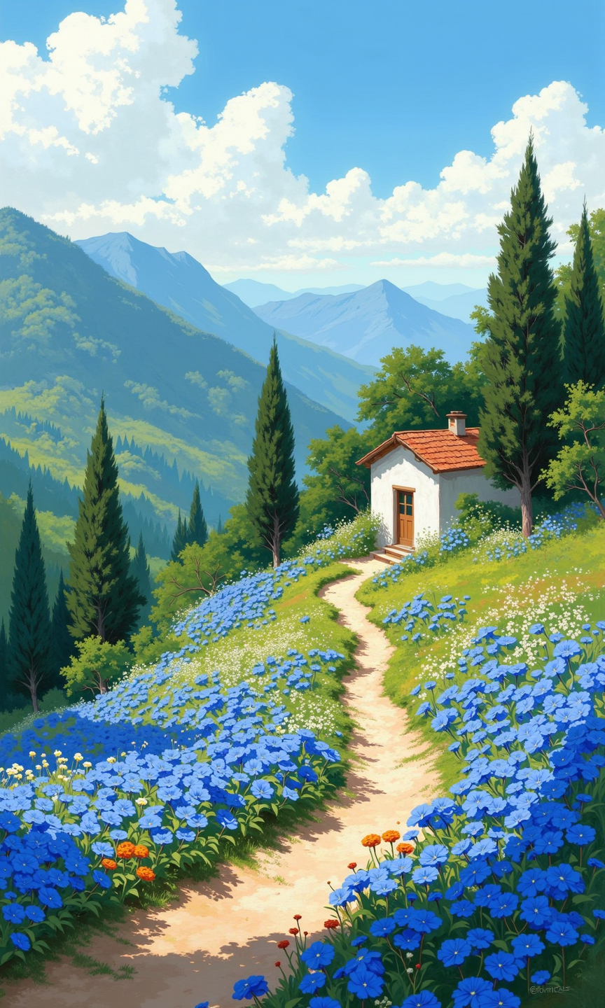 Full outdoor shot of a picturesque landscape. 
A small, white cottage with a terracotta-colored tiled roof sits nestled on a gently rising hillside.  The cottage has a simple, charming design. Trees and foliage surround the house, creating a lush, natural canopy behind it. 
The hillside is carpeted in a vibrant array of wildflowers.  A multitude of blue flowers, predominantly, are interspersed with white, and light orange/yellow flowers. The flowers are various sizes and fill out the foreground and mid-ground of the image. 
A well-defined path winds upward from the foreground towards the cottage, highlighting the sloping terrain. The ground beneath the flowers is a light brownish-green tone grass.
A bright, cloud-filled sky is overhead, with a balance of light blue and scattered white clouds. 
The mountains in the background are a muted, pastel shade of blue-gray, creating a soft contrast to the vibrant colors of the foreground. The overall impression is one of tranquility and serenity. The style appears to be an illustration or digital painting, with soft smooth transitions between colors producing a pleasing aesthetic feel.
<lora:FLUX-daubrez-DB4RZ-v2:1> DB4RZ, DB4RZ style painting