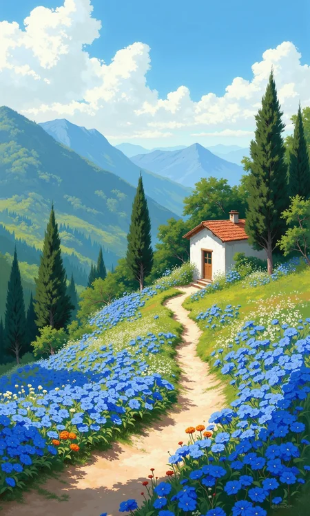 Full outdoor shot of a picturesque landscape.
A small, white cottage with a terracotta-colored tiled roof sits nestled on a gently rising hillside. The cottage has a simple, charming design. Trees and foliage surround the house, creating a lush, natural canopy behind it.
The hillside is carpeted in a vibrant array of wildflowers. A multitude of blue flowers, predominantly, are interspersed with white, and light orange/yellow flowers. The flowers are various sizes and fill out the foreground and mid-ground of the image.
A well-defined path winds upward from the foreground towards the cottage, highlighting the sloping terrain. The ground beneath the flowers is a light brownish-green tone grass.
A bright, cloud-filled sky is overhead, with a balance of light blue and scattered white clouds.
The mountains in the background are a muted, pastel shade of blue-gray, creating a soft contrast to the vibrant colors of the foreground. The overall impression is one of tranquility and serenity. The style appears to be an illustration or digital painting, with soft smooth transitions between colors producing a pleasing aesthetic feel.
<lora:FLUX-daubrez-DB4RZ-v2:1> DB4RZ, DB4RZ style painting