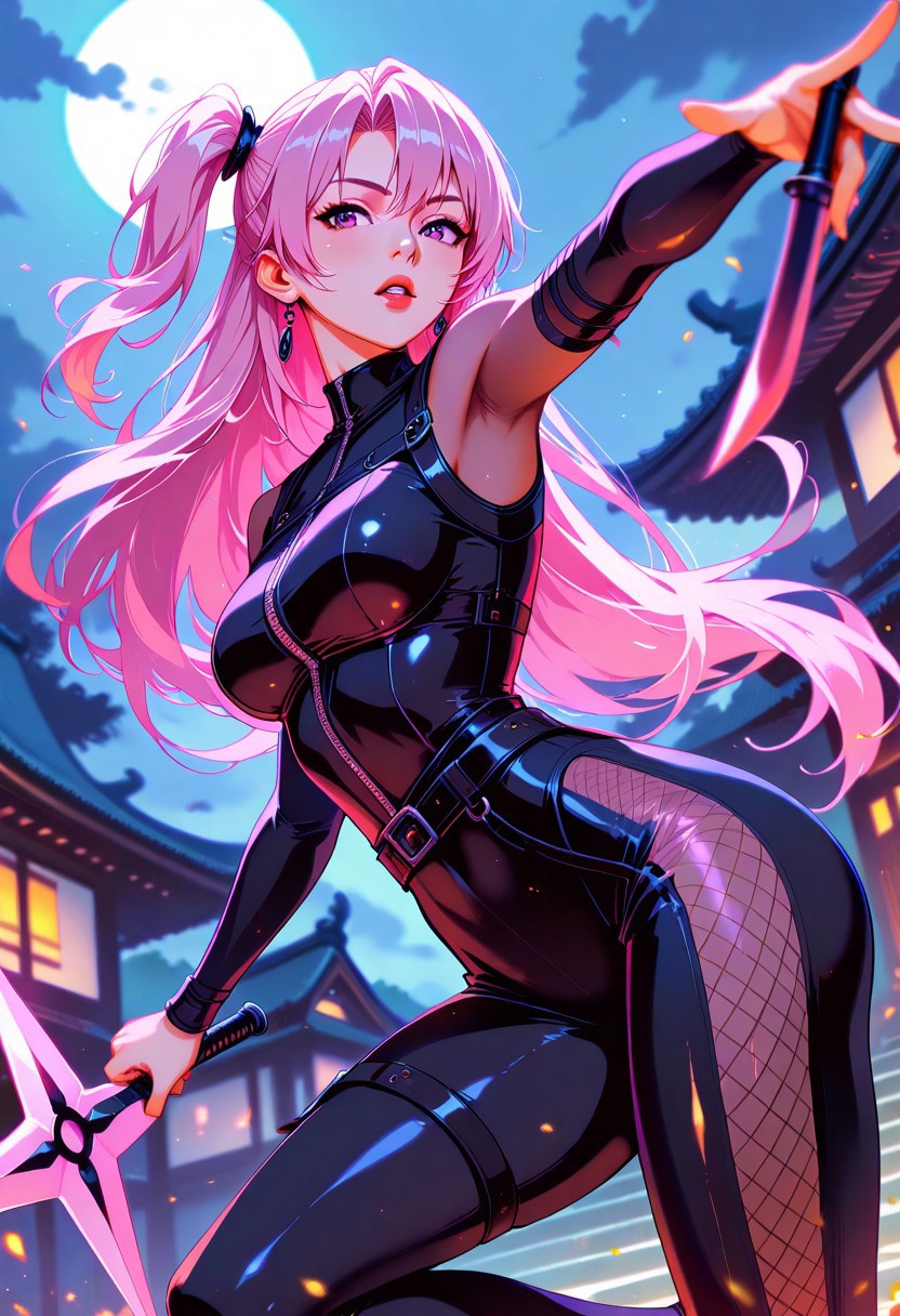 masterpiece, best quality, good quality, very aesthetic, absurdres, newest, 8K, depth of field, focused subject, in the style of cknc, artist:moriimee, in the style of cksc, BREAK asian female assassin, skintight transparent  bodysuit, medium breasts, holding shuriken, long pink hair, dynamic pose, silhouetted in moonlight, light hitting one side of her, outdoors in medieval Japanese village