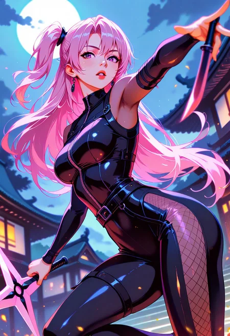 masterpiece, best quality, good quality, very aesthetic, absurdres, newest, 8K, depth of field, focused subject, in the style of cknc, artist:moriimee, in the style of cksc, BREAK asian female assassin, skintight transparent  bodysuit, medium breasts, holding shuriken, long pink hair, dynamic pose, silhouetted in moonlight, light hitting one side of her, outdoors in medieval Japanese village