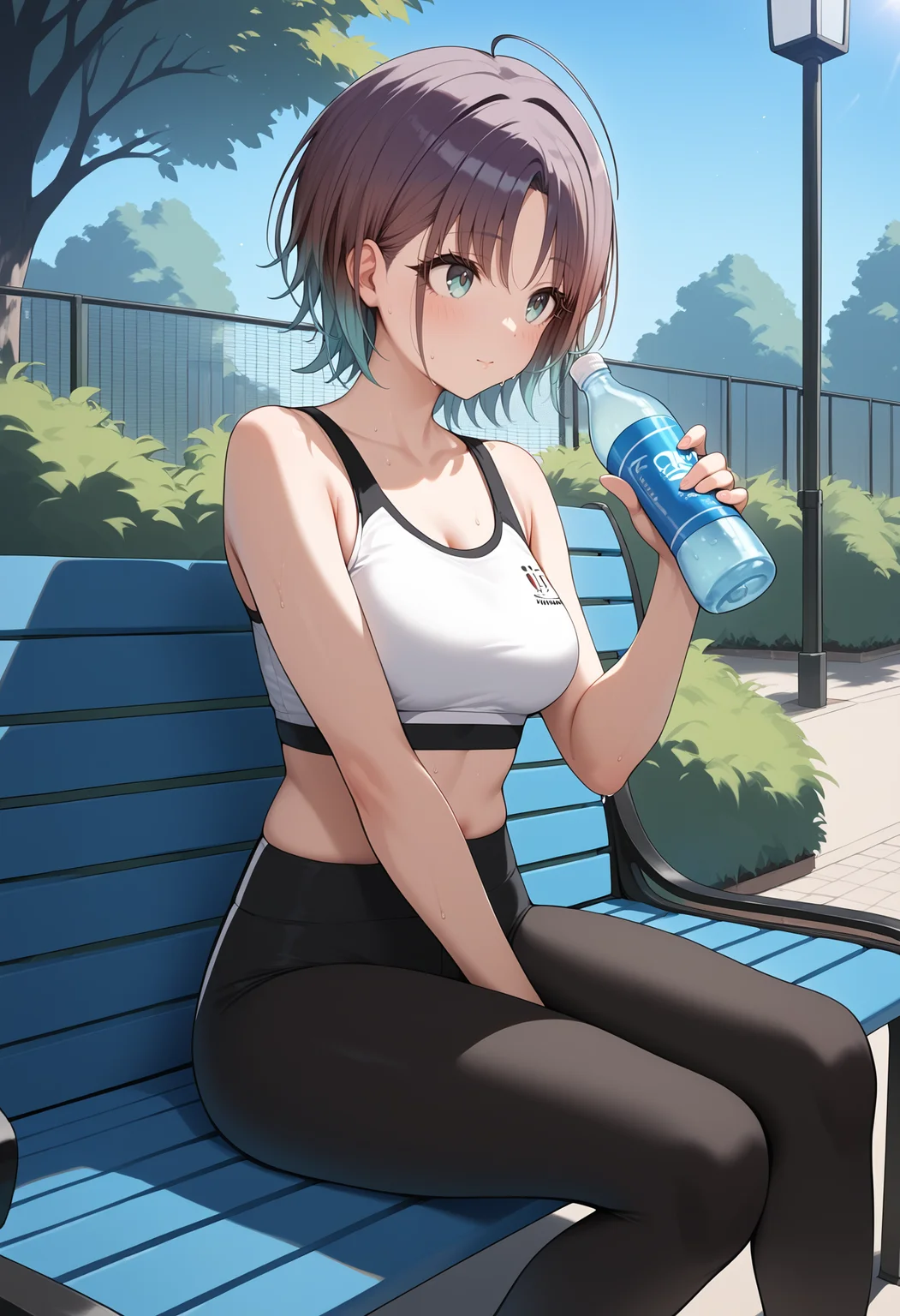 score_9, score_8_up, score_7_up, score_6_up, score_5_up, score_4_up, source_anime, aatoru, short hair, gradient hair, ahoge, medium breasts, <lora:asakura_toru_ponyxl_v1:0.9>, white sports bra, crop top, black leggings, sweat, park, sitting, bench, holding bottle,