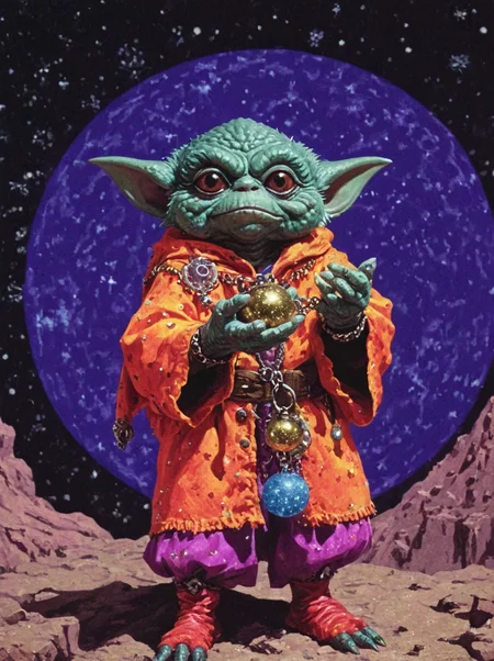 1970's dungeons and dragons dark fantasy artstyle, a gremlin merchant, dressed in bright and colorful clothing, holding an amulet, starry sky , grain, cinematic, realistic, photo <lora:dark_fantasy:1>