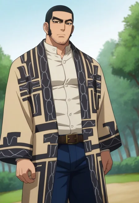 score_9, score_8_up, score_7_up, score_6_up, perfect anatomy, perfect proportions, best quality, masterpiece, high_resolution, high quality, best quality, best aesthetic, incredibly absurdres, highres, extremely detailed, huge filesize, male focus, solo male, adult, mature, masculine, manly, handsome, charming, alluring, cowboy shot, dutch angle, source_anime \(Golden Kamuy\), anime coloring \(Golden Kamuy\), Genjirou Tanigaki, GKGenjirou, black hair, short hair, buzzcut, dark brown eyes, thick eyebrows, long sideburns, facial hair, chinstrap stubble, jawline stubble, Genjirou_outfit05, white tunic collar shirt, Ainu robe, Attush robe \(Ainu clothing\), open robe, open clothes, Ainu pattern, dark blue straight trousers, belt pouch, white puttees, brown boots