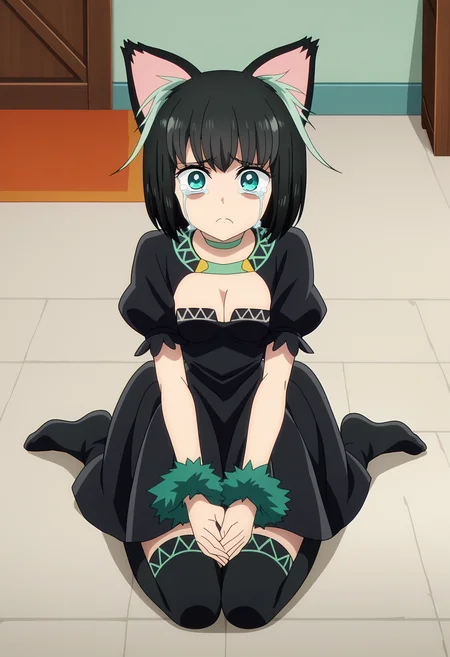 score_9, score_8_up, score_7_up,source_anime,
BREAK
1girl, solo, anime screencap, kneeling,
<lora:shiTamaV1:1>, tamadef, short hair, black hair, multicolored hair,
animal ears, wrist cuffs, choker, black thighhighs, black dress,
looking at viewer, begging, outstretched arms, own hands together,
sad ears, frown, puffy cheeks, huge_cheeks,
crying, crying with eyes open, streaming tears,