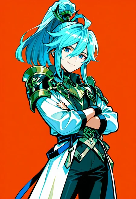 ace (seven knights), aw4ken, ponytail, looking at viewer, smile, collared coat, shoulder armor, black trousers, crossed arms, solo