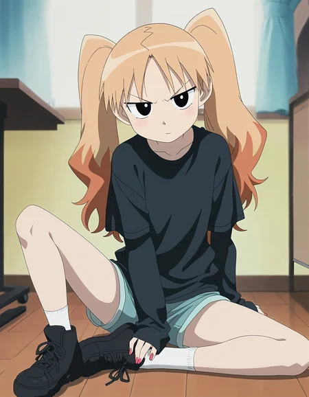 masterpiece, best quality, good quality, newest, highres, absurdres,<lora:Azumanga_style-000013:1>,azumanga_illu, style parody,anime screenshot,1girl, solo, shoes, blonde hair, sitting, twintails, shirt, shorts, nail polish, indoors, multicolored hair, short sleeves, looking at viewer, black footwear, long hair, long sleeves, black eyes, sleeves past wrists, socks,dynamic pose, depth of field, film grain,blurry edges,