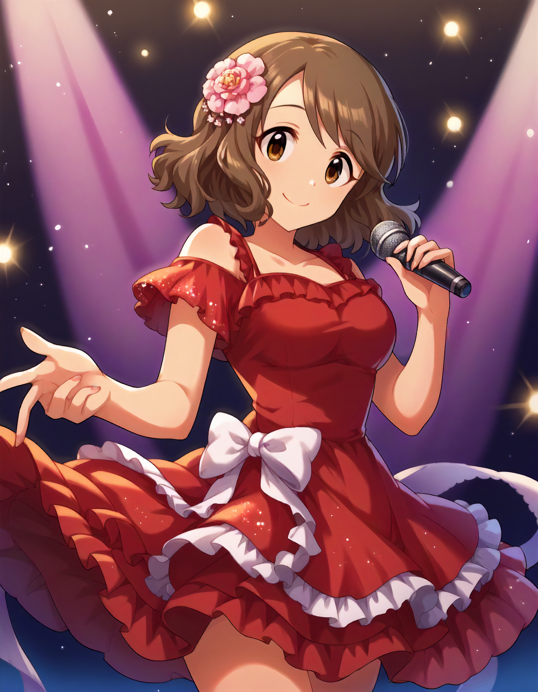 score_9,score_8_up,score_7_up,1girl,solo,cowboy shot,looking at viewer,smile,closed mouth,holding microphone,stage lights,
<lora:tsukimiyamiyabi_ponyXLV6:0.8>,cgtm,
brown hair,medium hair,brown eyes,
hair flower,frilled,red dress
