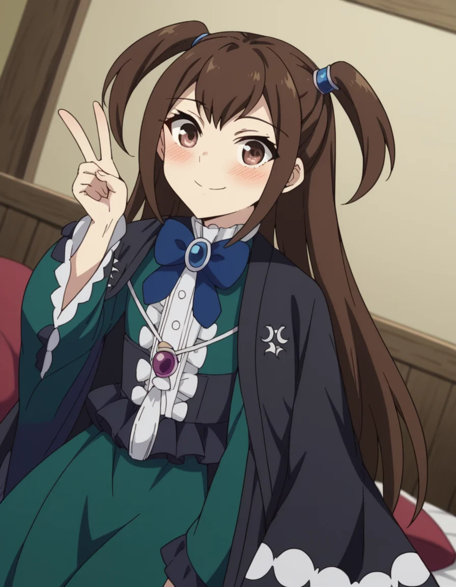 score_9, score_8_up, score_7_up, source_anime, <lora:kizuna-kazayama-s2-ponyxl-lora-nochekaiser:1>, kizuna kazayama, long hair, brown hair, brown eyes, two side up,, long sleeves, dress, bow, frills, wide sleeves, bowtie, cape, blue bow, brooch, green dress, black cape,, indoors, bed, bedroom, on side, blush, drunk, smile, v, v over eyes,, looking at viewer, solo,, dutch angle, cowboy shot