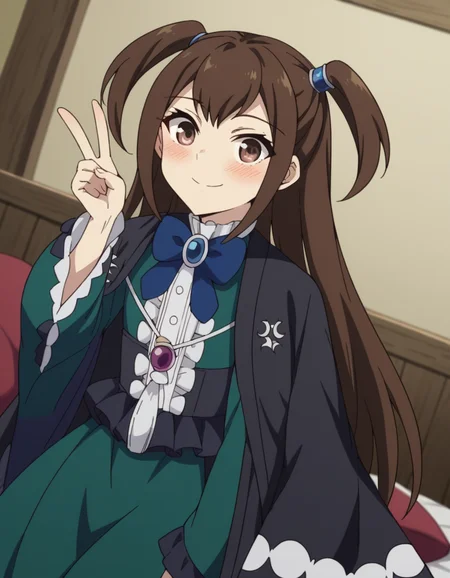 score_9, score_8_up, score_7_up, source_anime, <lora:kizuna-kazayama-s2-ponyxl-lora-nochekaiser:1>, kizuna kazayama, long hair, brown hair, brown eyes, two side up,, long sleeves, dress, bow, frills, wide sleeves, bowtie, cape, blue bow, brooch, green dress, black cape,, indoors, bed, bedroom, on side, blush, drunk, smile, v, v over eyes,, looking at viewer, solo,, dutch angle, cowboy shot