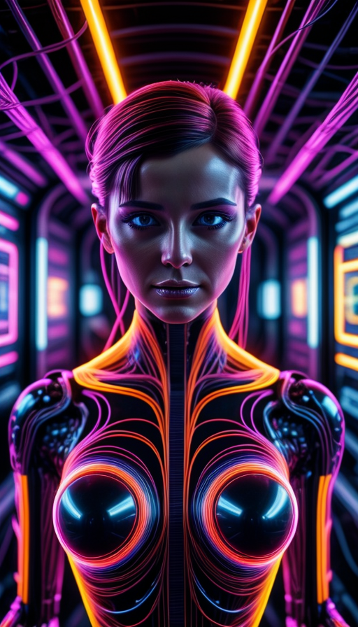 colorful chaos, vivid colors, striking visual design, <lora:add_detail:0.75>, <lora:sharpen-soften:-0.2>, <lora:stylesqueeze_v2:0.25>, <lora:realistic:0.25>,
1 girl, adult  woman, chubby, hazel eyes, auburn half-up half-down hairstyle, portrait, solo, upper body, looking at viewer, detailed background, detailed face, (<lora:1970RetroFuturism:0.6>, 1970retrofuturism, 1970s theme:1.1), android, cyborg, mechanical limbs, mechanical eyes, wires,  advanced technology, dynamic pose, emotionless,  artificial intellgience, steel, digital implants, nanobots, electronics, gadgets, powered by electricity, holograms, particle effects, bright  lights, neon colors, cables in background, cinematic atmosphere, <lora:isobug:0.75> <lora:speedy1p5:1.15>