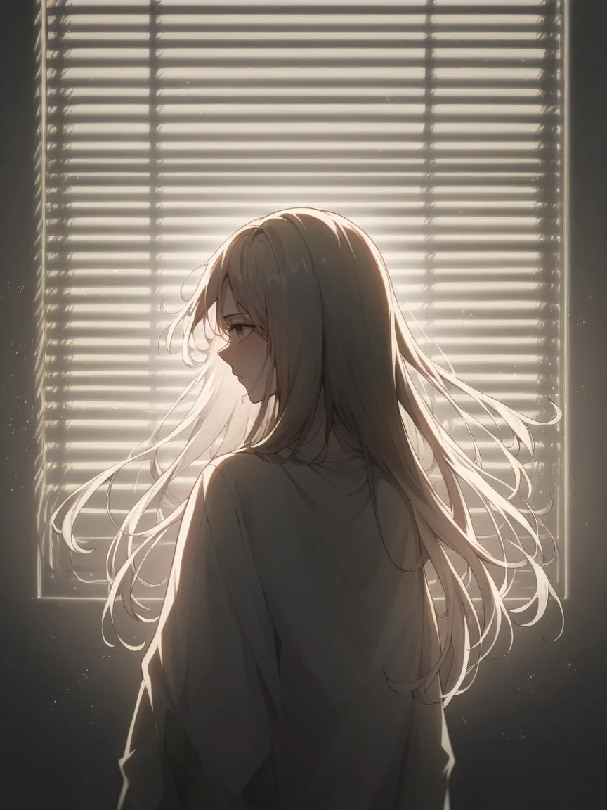 score_9, score_8_up, score_7_up, score_6_up, score_5_up, score_4_up, <lora:V3n3t14nXLP2:1> v3n3t14n, venetian blinds lighting, low light, dark room, lined lighting, long hair, 1girl, light particles, window