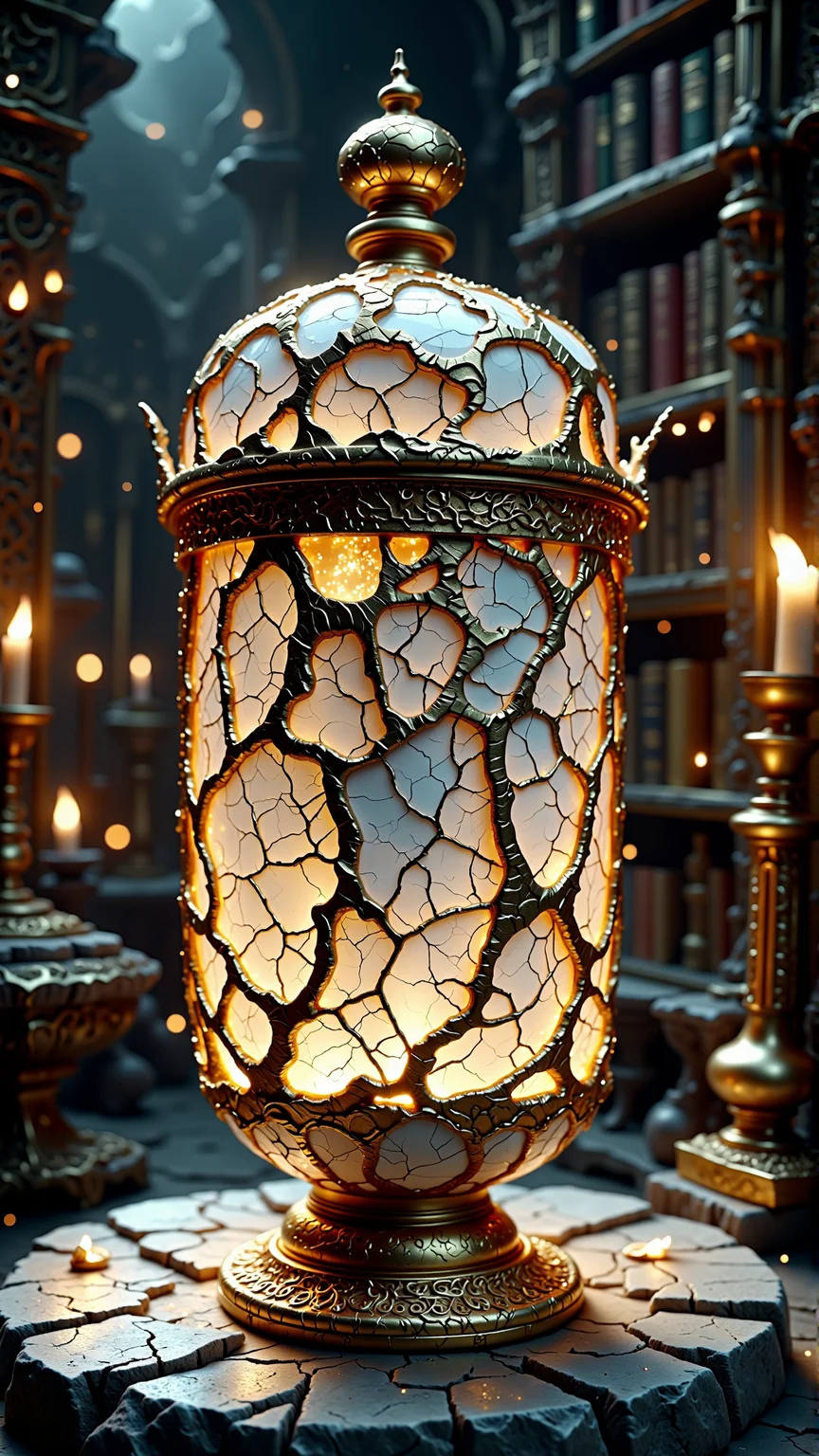 golden cracks on white, A professional photography of a A tarnished golden cage, its ornate framework twisted and corroded with age, sits atop a weathered stone pedestal in a dimly lit, dusty library surrounded by shelves of worn leather-bound tomes and flickering candelabras that cast eerie shadows on the walls as if the very flames themselves were watching from the pages within.<lora:golden_cracks_on_white_Flux-000008:1>