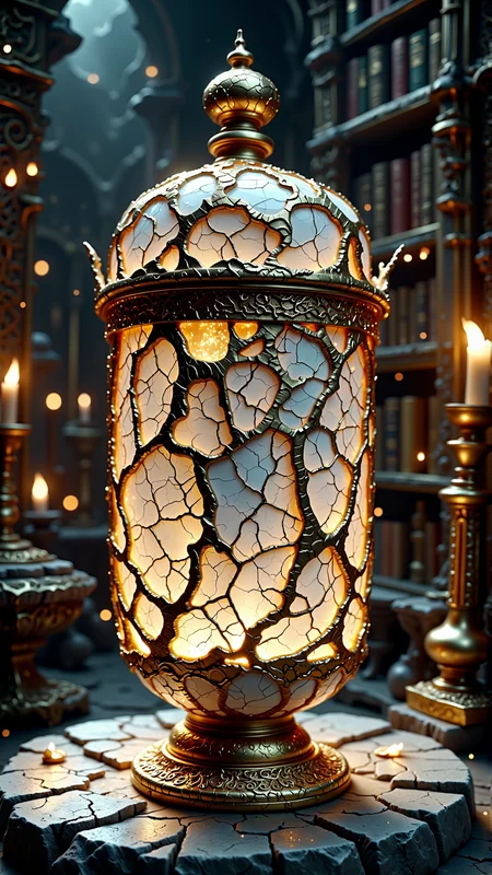golden cracks on white, A professional photography of a A tarnished golden cage, its ornate framework twisted and corroded with age, sits atop a weathered stone pedestal in a dimly lit, dusty library surrounded by shelves of worn leather-bound tomes and flickering candelabras that cast eerie shadows on the walls as if the very flames themselves were watching from the pages within.<lora:golden_cracks_on_white_Flux-000008:1>