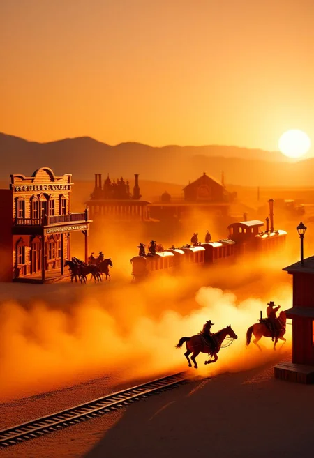 ispzxll, diorama, isometric, miniature, volumetric lighting style, intricate details, americain frontier, wild west, western town, bandits, horses, crowd railroad, train, train station, smoke, dust, dynamic frame, long shadows, golden hour, epic, setting sun on horizon, film scene,