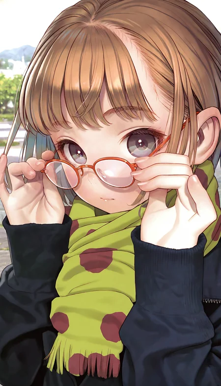 ((ultra-detailed)), ((best quality)), ((beautiful eyes)), ((extremely detailed)), 4K, (8K), best quality, (beautiful), Master piece, highres, best quality, official art, highres, masterpiece, newest,1girl, solo, glasses, brown hair, looking at viewer, scarf, bangs, long sleeves, short hair, upper body, adjusting eyewear, closed mouth, hands up, sleeves past wrists, grey eyes, fingernails, holding, outdoors, park