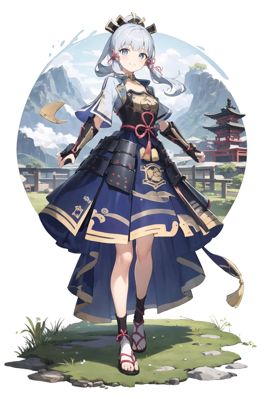 masterpiece, best quality, 1girl, full body, delicate eyes, looking at viewer,  <lora:kamisatoAyakaGenshin_kamisatoAyaka:1>, kamisato_ayaka, smile, arm guards, armored dress, breastplate, japanese armor, hand fan, fingerless gloves, east asian architecture, <lora:tachi-e:1>, tachi-e, white background, full body