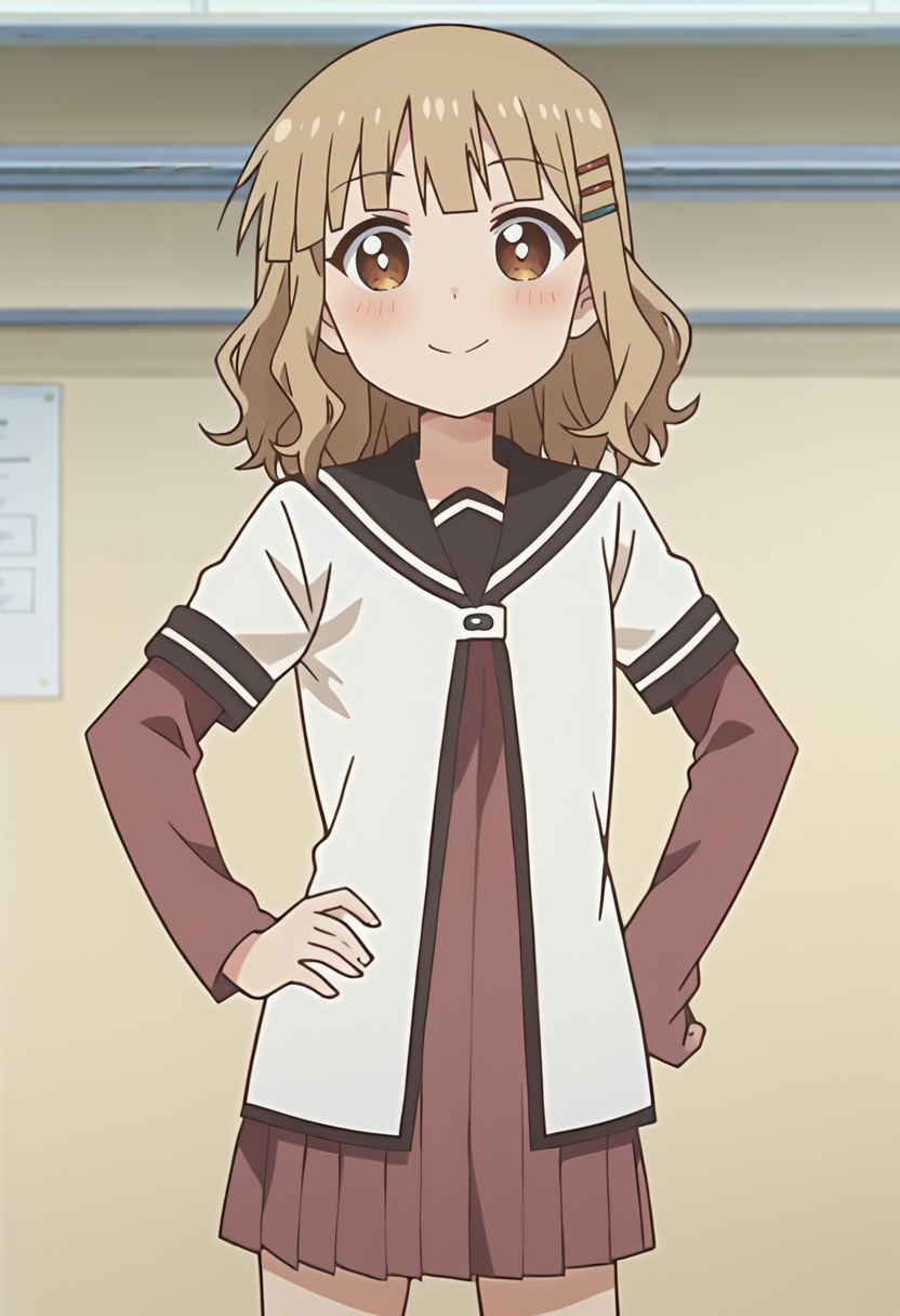 score_9, score_7_up, hd, (ultra hd quality details), source_anime, indoors,
solo, 1girl, oosaku, hairclip, anime screencap, 
nanamori school uniform, sailor collar, layered sleeves, red dress, pleated dress,
looking at viewer, blush, smile,
standing, hand on own hip, 
 <lora:_sakurako_oomuro-elesico-pony-e07:1>