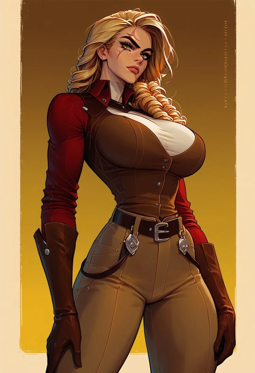 Score_9, Score_8_up, Score_7_up, Score_6, Score_5, Score_4,((best quality)) ultra detailed, aesthetic, extremely detailed eyes and face, perfect body, perfect eyes,
1girl, solo, blonde curls, early colored eyes, scar on the face, scar on the nose, scars on the body,
Slim Figure, Narrow Waist, Wide Hips, (High Breasts), big breasts, Perfect Round Breasts, Perfect Round Butt,
-- clothes -- cowboy hat, leather vest, long sleeved shirt, gloves, cowboy boots, sheriff's badge,
((wild west,Girl standing in the saloon, serious expression on her face.))
