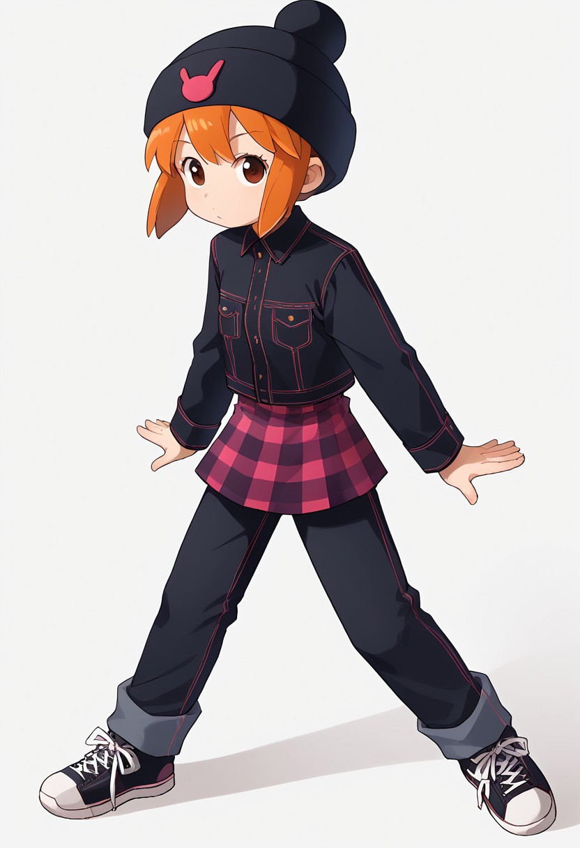 score_8, score_8_up, score_7_up, BREAK 1girl, female focus, solo, Julie_power,1girl,solo, flat chest, usagi_kurokawa, beanie, black headwear, hat ornament, orange hair, bangs, short hair, sidelocks, denim jacket, black jacket, collared jacket, breast pocket, long sleeves, skirt, plaid skirt, pants under skirt, black pants, jeans, sneakers, black footwear, full body,
