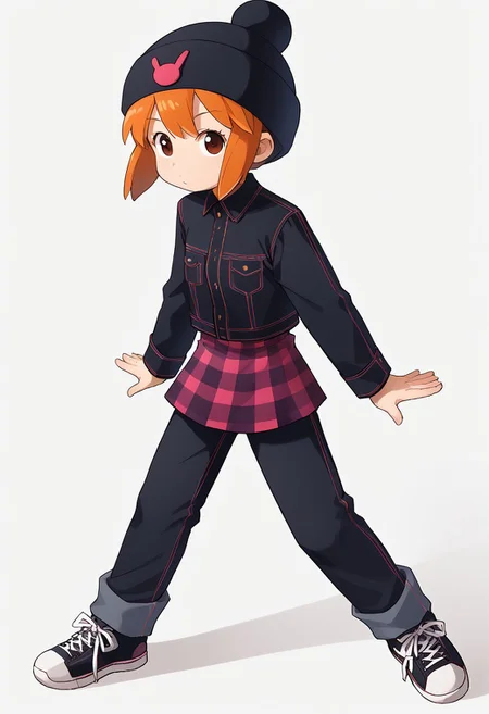 score_8, score_8_up, score_7_up, BREAK 1girl, female focus, solo, Julie_power,1girl,solo, flat chest, usagi_kurokawa, beanie, black headwear, hat ornament, orange hair, bangs, short hair, sidelocks, denim jacket, black jacket, collared jacket, breast pocket, long sleeves, skirt, plaid skirt, pants under skirt, black pants, jeans, sneakers, black footwear, full body,
