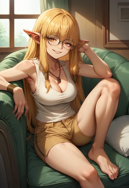 score_9, score_8_up, source_anime, 1girl, solo, Serie, long hair, hair tubes, ear bar, glasses, tank top, cleavage, necklace, sleeveless, shorts, evil smile, indoors, sitting, on couch, <lora:ChamSeriePonyXL:1>