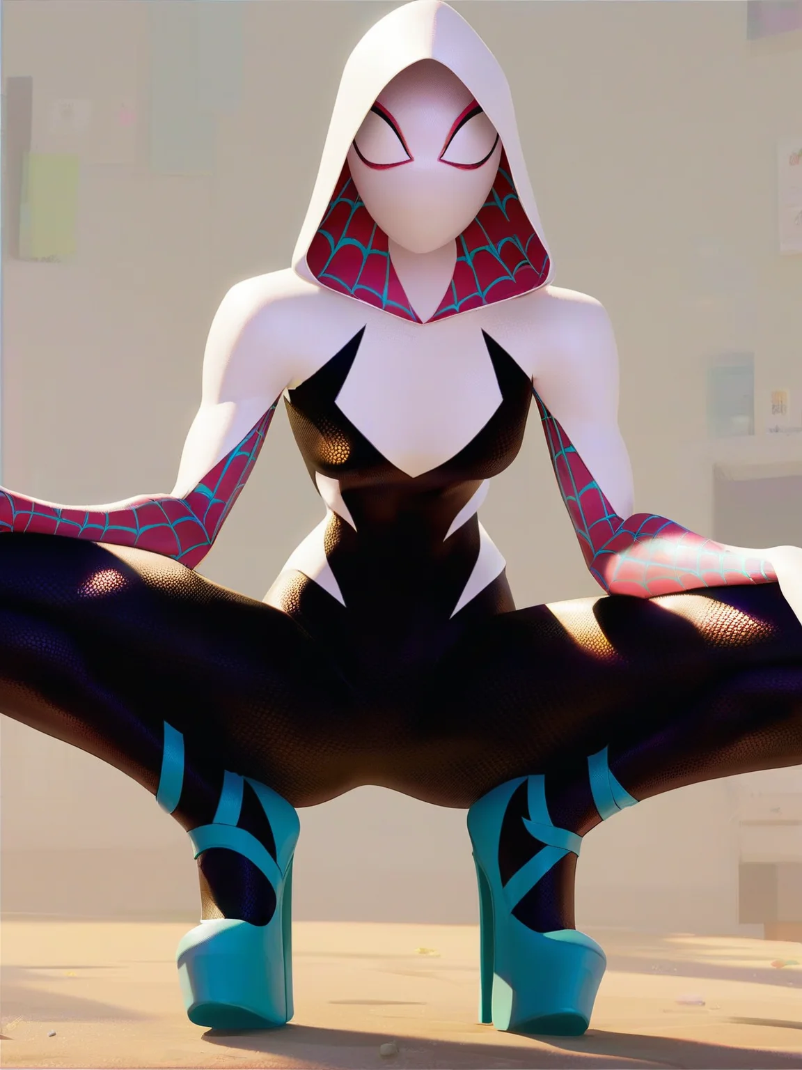<lora:Gwen_StacyV2:0.8>,g_s, 1girl, hood, mask, superhero suit, looking at viewer, squatting, front view, spreading legs, platform heels, score_9, score_8_up, score_7_up,